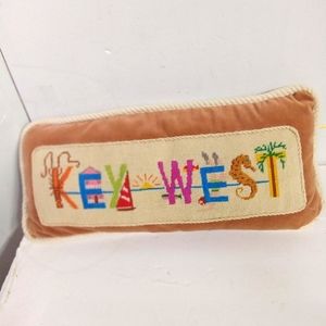 Vintage KEY WEST Accent Pillow Velveteen w/ Cross-Stitch Topping & Rope Edges He